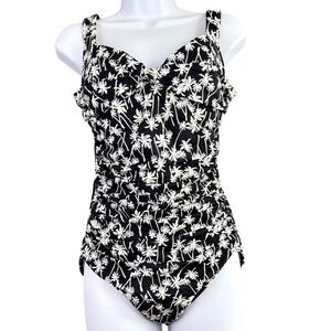 Miraclesuit Womens 8 Black White‎ Palm Tree One Piece Swimsuit Ruched Slimming